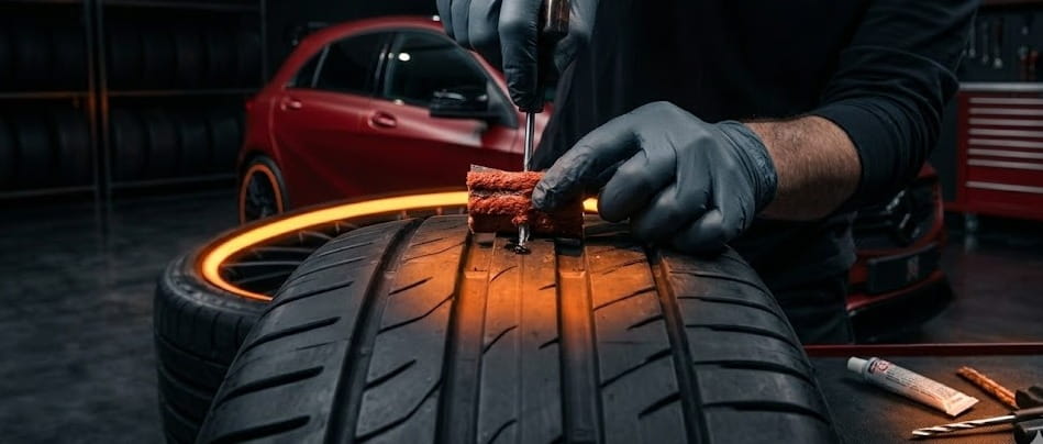 Technician repairing a punctured car tire in a workshop.